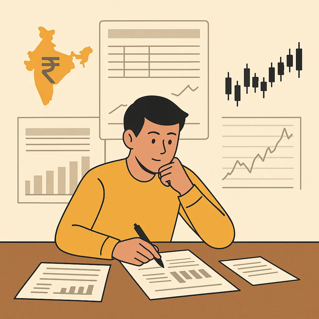 Illustration showing fundamental stock analysis basics with charts, graphs, and valuation tools